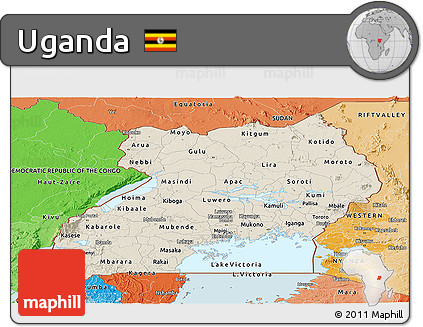 Shaded Relief Panoramic Map of Uganda, political shades outside