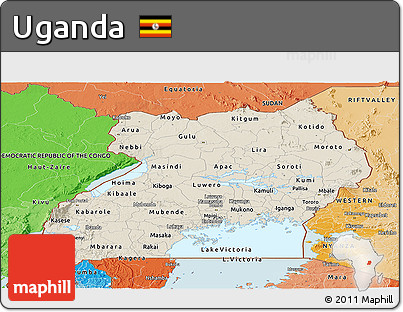 Shaded Relief Panoramic Map of Uganda, political shades outside