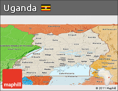Shaded Relief Panoramic Map of Uganda, political shades outside