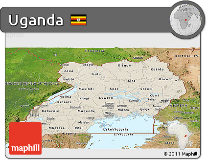 Shaded Relief Panoramic Map of Uganda, satellite outside