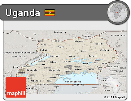 Shaded Relief Panoramic Map of Uganda, semi-desaturated