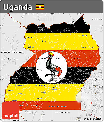 Flag Simple Map of Uganda, single color outside, borders and labels, flag centered