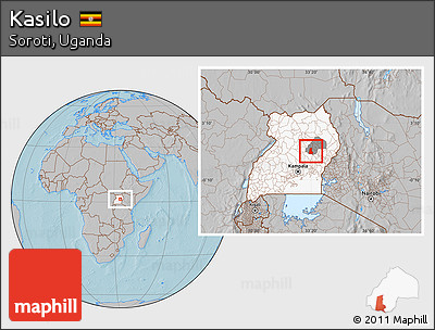 Gray Location Map of Kasilo, highlighted country, highlighted parent region, hill shading