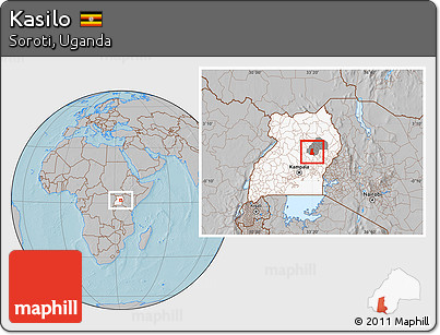 Gray Location Map of Kasilo, highlighted country, highlighted parent region, hill shading
