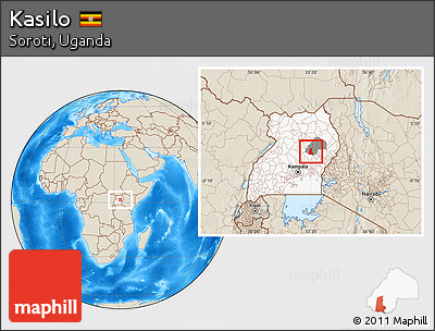 Shaded Relief Location Map of Kasilo, highlighted country, highlighted parent region