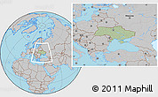 Savanna Style Location Map of Ukraine, gray outside, hill shading inside