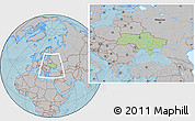 Savanna Style Location Map of Ukraine, gray outside, hill shading outside