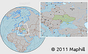 Savanna Style Location Map of Ukraine, gray outside, hill shading