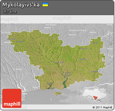 Satellite 3D Map of Mykolayivs'ka, lighten, desaturated