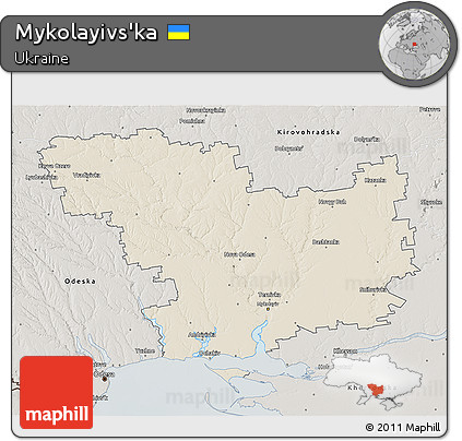 Shaded Relief 3D Map of Mykolayivs'ka, semi-desaturated