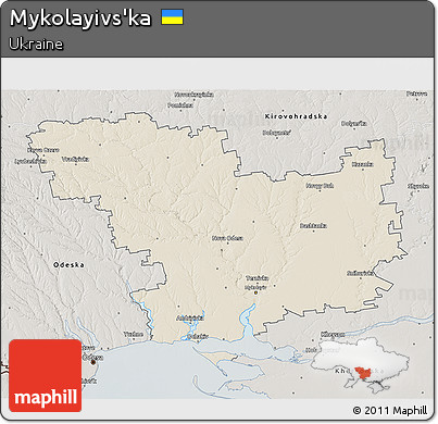 Shaded Relief 3D Map of Mykolayivs'ka, semi-desaturated