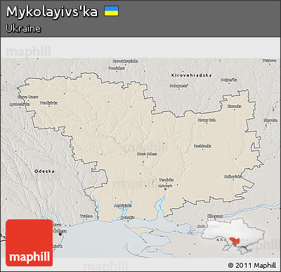 Shaded Relief 3D Map of Mykolayivs'ka, semi-desaturated