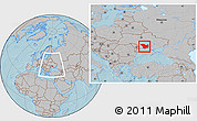 Gray Location Map of Mykolayivs'ka, within the entire country, hill shading