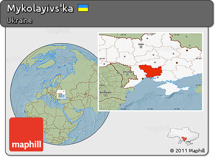 Savanna Style Location Map of Mykolayivs'ka, highlighted country, hill shading