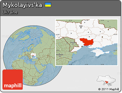 Savanna Style Location Map of Mykolayivs'ka, highlighted country, hill shading