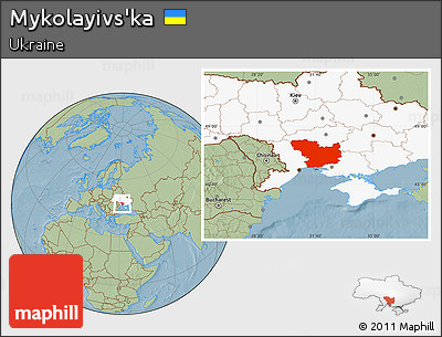 Savanna Style Location Map of Mykolayivs'ka, highlighted country, hill shading