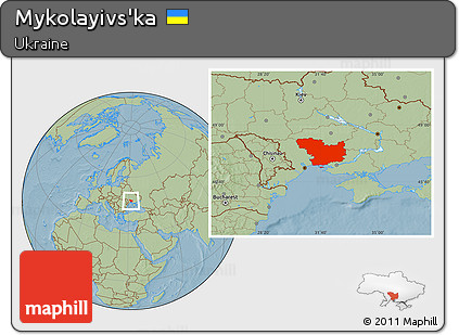 Savanna Style Location Map of Mykolayivs'ka, hill shading