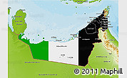 Flag 3D Map of United Arab Emirates, physical outside, bathymetry sea, flag aligned to the middle