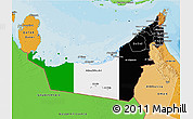 Flag 3D Map of United Arab Emirates, political shades outside, flag aligned to the middle