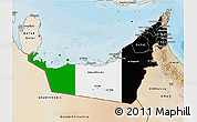 Flag 3D Map of United Arab Emirates, satellite outside, bathymetry sea, flag aligned to the middle