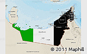 Flag 3D Map of United Arab Emirates, shaded relief outside, bathymetry sea, flag aligned to the middle