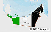 Flag 3D Map of United Arab Emirates, single color outside, bathymetry sea, shaded relief sea, flag aligned to the middle