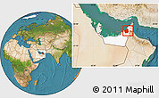 Satellite Location Map of Dubai, highlighted country, within the entire country