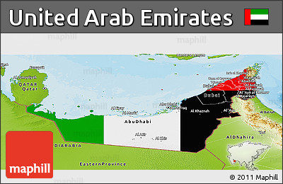 Flag Panoramic Map of United Arab Emirates, physical outside, bathymetry sea, flag rotated