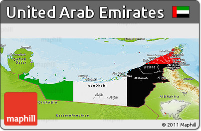 Flag Panoramic Map of United Arab Emirates, physical outside, bathymetry sea, flag rotated