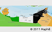 Flag Panoramic Map of United Arab Emirates, political shades outside, flag aligned to the middle