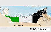 Flag Panoramic Map of United Arab Emirates, satellite outside, bathymetry sea, flag aligned to the middle