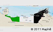 Flag Panoramic Map of United Arab Emirates, shaded relief outside, bathymetry sea, flag aligned to the middle