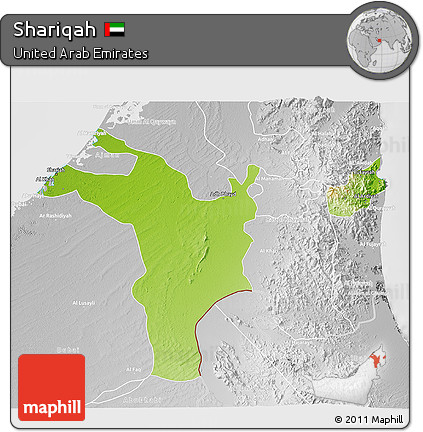Physical 3D Map of Shariqah, lighten, desaturated