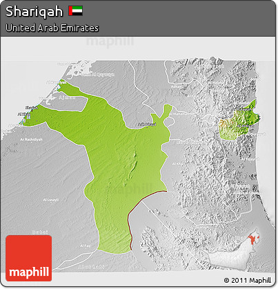 Physical 3D Map of Shariqah, lighten, desaturated