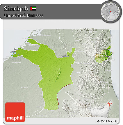 Physical 3D Map of Shariqah, lighten, semi-desaturated