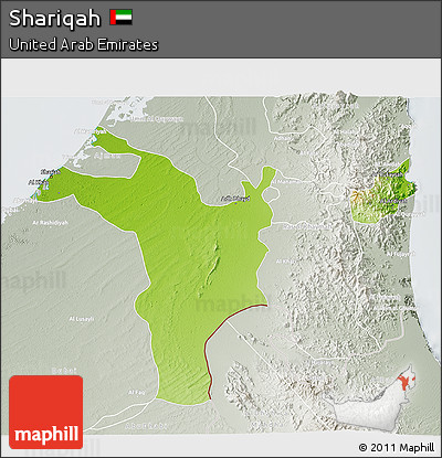 Physical 3D Map of Shariqah, lighten, semi-desaturated