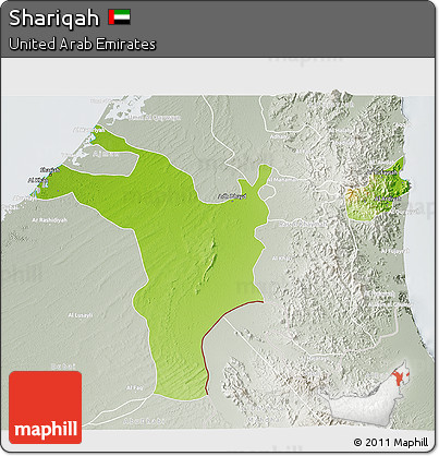 Physical 3D Map of Shariqah, lighten, semi-desaturated