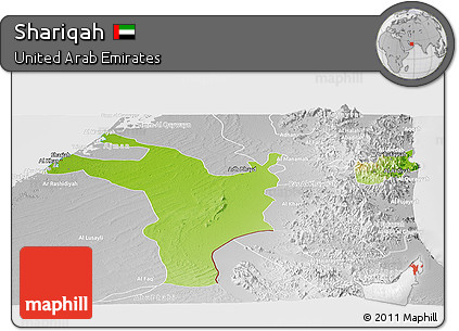 Physical Panoramic Map of Shariqah, lighten, desaturated