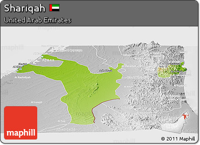 Physical Panoramic Map of Shariqah, lighten, desaturated