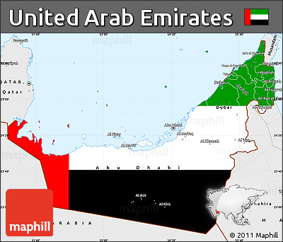 Flag Simple Map of United Arab Emirates, single color outside, borders and labels, flag centered