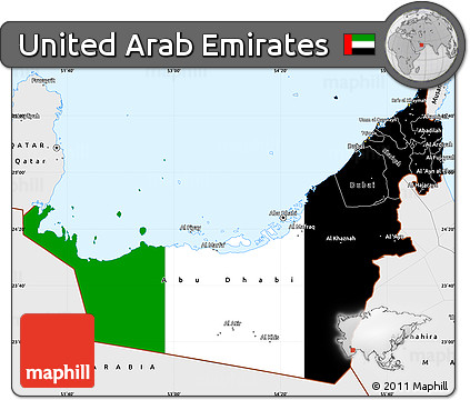 Flag Simple Map of United Arab Emirates, single color outside, borders and labels, flag aligned to the middle