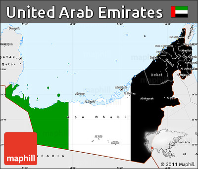 Flag Simple Map of United Arab Emirates, single color outside, borders and labels, flag aligned to the middle
