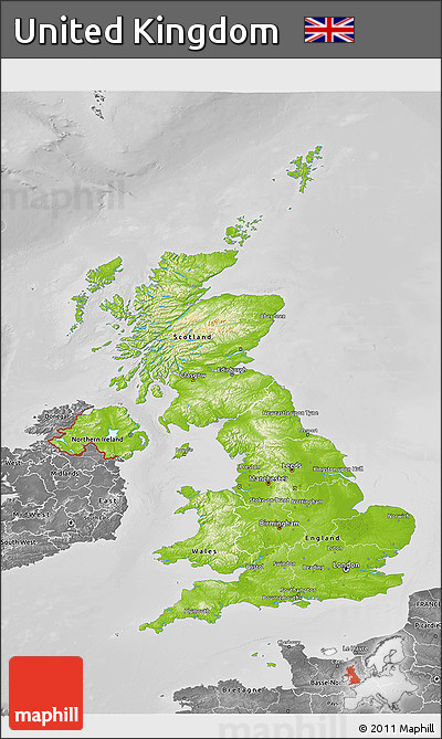 Physical 3D Map of United Kingdom, desaturated