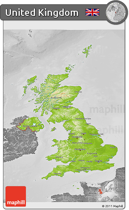 Physical 3D Map of United Kingdom, desaturated
