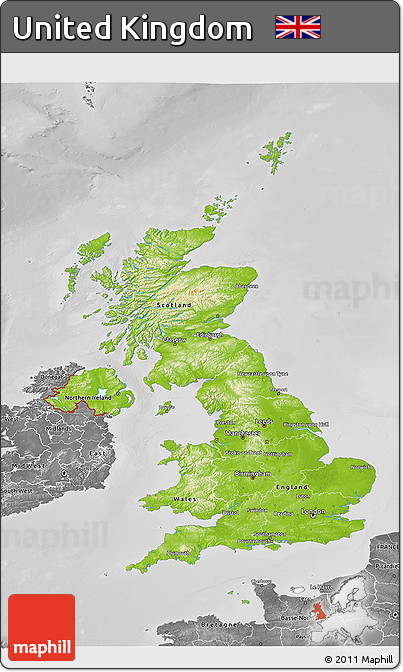 Physical 3D Map of United Kingdom, desaturated