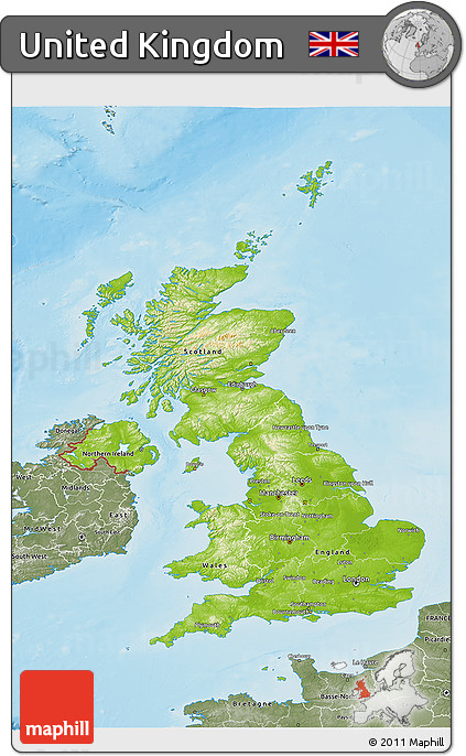 Physical 3D Map of United Kingdom, semi-desaturated, land only
