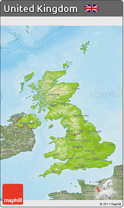 Physical 3D Map of United Kingdom, semi-desaturated, land only
