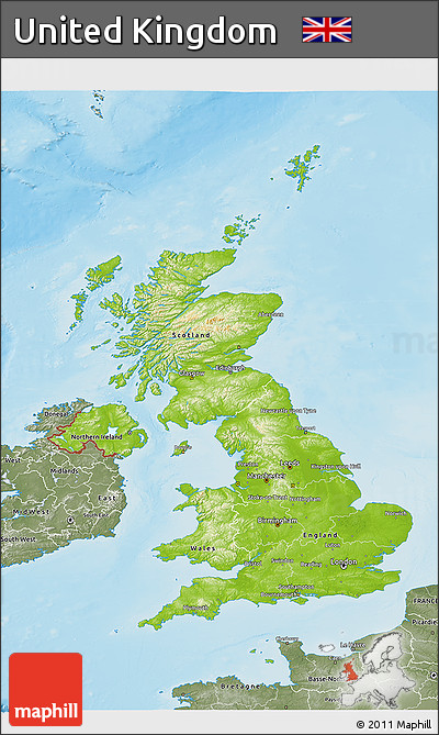 Physical 3D Map of United Kingdom, semi-desaturated, land only