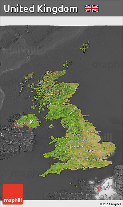 Satellite 3D Map of United Kingdom, darken, desaturated