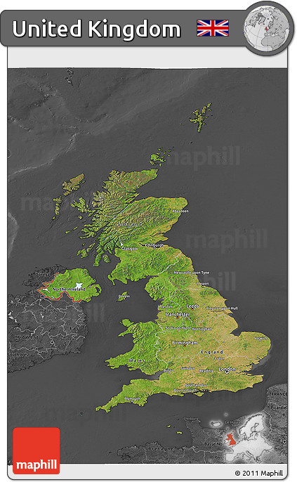Satellite 3D Map of United Kingdom, darken, desaturated